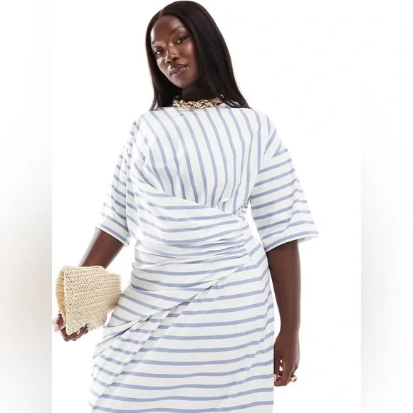 ASOS DESIGN Curve short sleeve with twist detail midi dress blue & cream stripe - Picture 3 of 4